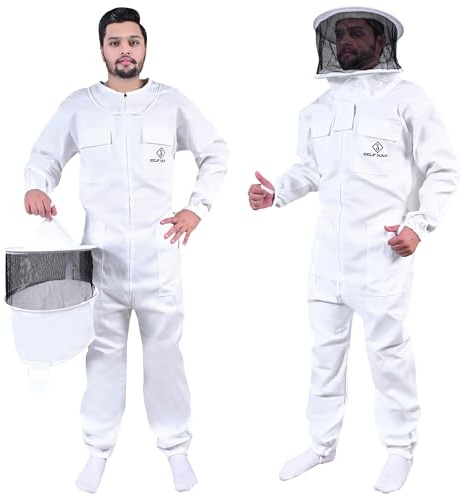 S Self Mark Bee Suit Professional Full Body Polycotton Beekeeping Clothes Veil Hood Hat Protective Beekeeping Suit Jacket Coat and Trouser Beekeepers Equipment for Men & Women (XXL, Round Veil)