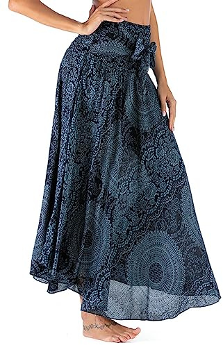 Adigaber Jupe Longue 2-en-1 pour Femme Bohème Imprimé Floral Taille Unique | Motif bohème，Taille haute，Long，Asymétrique，Coupe A，Taille élastique，Soirée，Plage，Avec ceinture，Été，Gainant ventre，Fluide