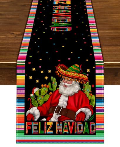 Nepnuser Mexican Christmas Table Runner Feliz Navidad Decoration Cactus Santa Claus Winter Holiday Party Supply Home Kitchen Dining Room Decor