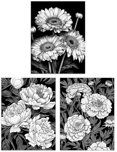 Artery8 Set of 3 Elegant Spring Flowers Daisies Peonies Marigolds Black and White Floral Impact Artworks Unframed Wall Art Living Room Poster Prints Pack