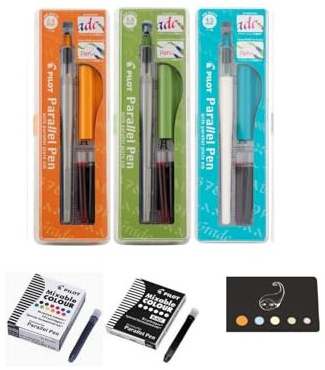 Lot 3 Coffrets Parallel Pen : 2,4 mm + 3,8 mm + 4,5mm + 6 Cartouches Noires + 12 Cartouches Couleurs Assorties + 1 Index Adhesif Blumie (Orange + Vert + Turquoise)