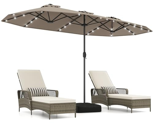 COSTWAY Ombrellone da Giardino Doppio 400 x 200 cm, con 36 Luci LED Solari, Manovella 12 Stecche, Base, Anti-UV, Rettangolare, per Giardino Piscina Cortile (Caffè)