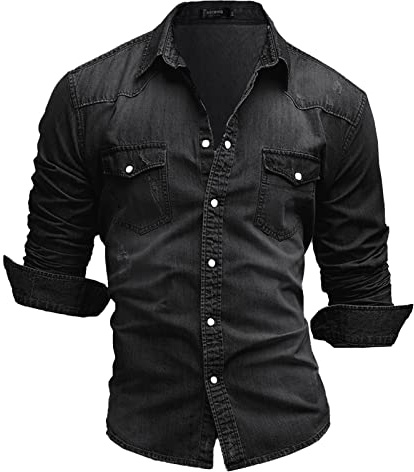 Rodawu Men's Denim Shirt Stretch Cotton Cowboy Button Down Casual Shirt Jacket Muscle Fit Black 3XL