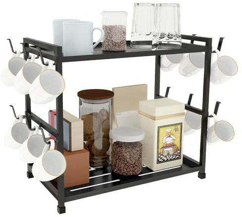 Bethom Coffee Cup Holder Kitchen 12 Hooks Kitchen Storage Rack 2 Tier Coffee Station Organizer Metal Mug Stand Mug Holders for Kitchen Tea Coffee Bar, Black
