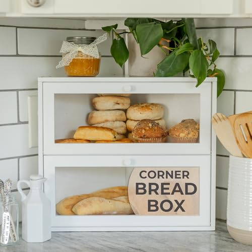 BakedBin Corner Bread Box for Kitchen Countertop - New 2025 Airtight Design - Extra Large, Double Layer White Breadbox, Vintage Storage for Homemade Bread, Under Cabinet Organizer