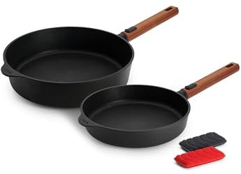 Woll Eco Logic QXR Pfannenset 3 tlg. - Induktiv -, Flachpfanne Ø 24 cm, 5 cm hoch, Hochrandpfanne Ø 28 cm, 7 cm hoch, mit abnehmbarem nachhaltigem Holzstiel, PFAS-frei + 2 Silikon-Schwämme