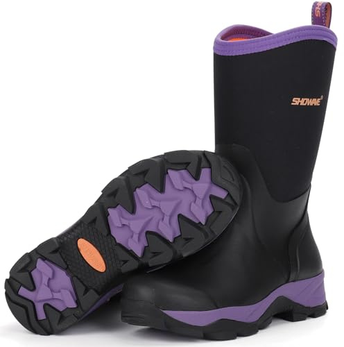 Showave Rubber Boots for Women Mid Calf Rain Boots Women Insulated Garden Boot Waterproof Durable Mud Boot for Hunting Farming Working(Purple,Size 7)