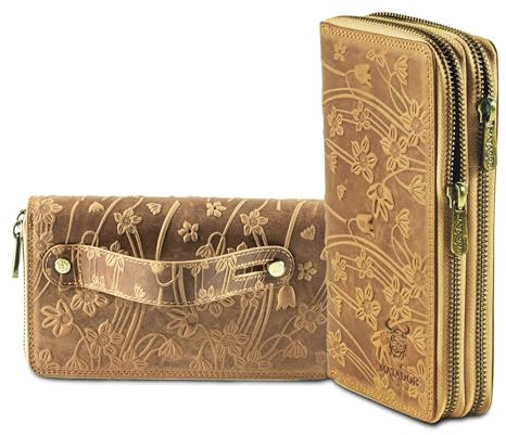 MATADOR Portemonnaie Damen Leder #Madrid mit Edle Geschenk Box, Eleganter Geldbeutel mit RFID Blocker, Luxus Frauen Portmonee Viele Kartenfächer in Blumen Hell Braun