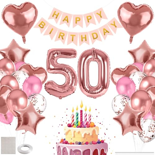 MIEWAA Globos 50 Cumpleaños Mujer, Adornos Fiesta Decoracion 50 Años Cumpleaños con Banner HAPPY BIRTHDAY, Globo Foil Número 50 Grande, Corazón y Estrella, Globos Latex y Confeti Rosa