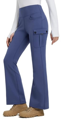 baleaf Womens Thick Fleece Lined Water Resistant Trousers Winter Thermal Flare Leggings with Cargo Pockets Hiking Walking Ski Pants Blue M