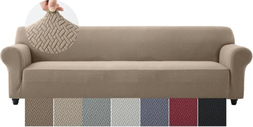 Moonlight Bedding High Stretch Sofa Cover 4 Seater – Spandex Elastic Fit Sofa Slipcovers, Soft Washable Furniture Protector for Pets/Kids/Dogs, Non Slip Couch Covers Coffee/Sand (Fits 92–118)