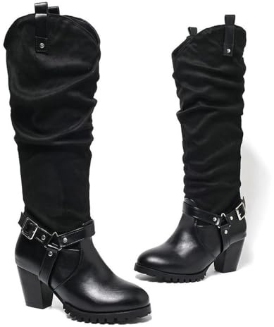 Stivali da equitazione da donna con punta rotonda extra larga al polpaccio alti al ginocchio con cinturino con fibbia morbida tacco grosso pull on scarpe western, Nero , 38 EU