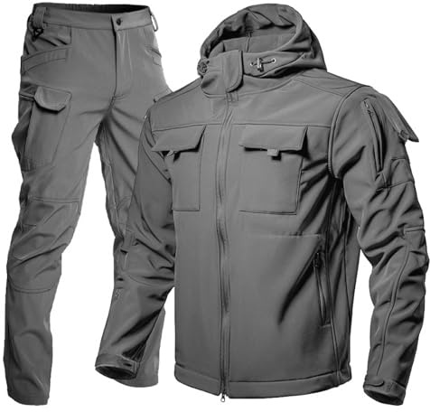 Zanisouta Men's Windproof Jogging Suit Soft Tracksuit Winter Sports Suit Thermal Leisure Suit Slim Fit Suit Tactical Jacket Trousers Outdoor Fishing Suit Softshell Fleece Clothing, O Grey, L
