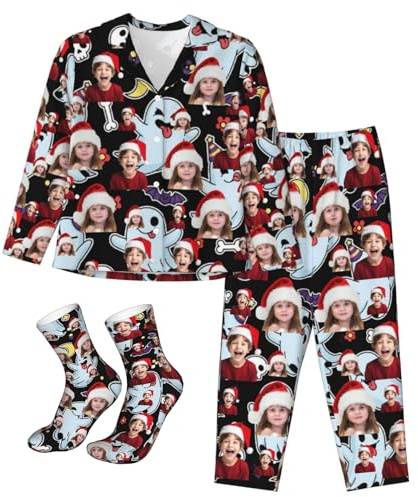 Conjunto de Pijama Personalizado, Personalizables con fotos y texto, Ropa de Dormir de Manga Larga Pijamas para Estar en casa, Conjunto de Pijamas Personalizados de Cara para Hombres y Mujeres