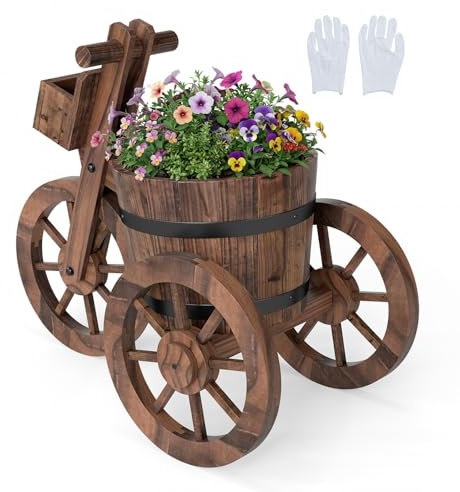 RELAX4LIFE Fioriera da Esterno a Triciclo a Botte, Fioriera in Legno, Foro di Drenaggio e Scatola Portaoggetti, Carriola Porta Fiori per Interni ed Esterni per Fiori, Erbe e Verdure (Modello 6)