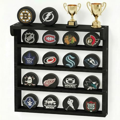 16pcs Hockey Puck Display Case, Puck Display Case Wall Mount, Solid Wood Hockey Puck Case, Hockey Puck Holder, Hockey Puck Display Box for Collection Hockey Puck