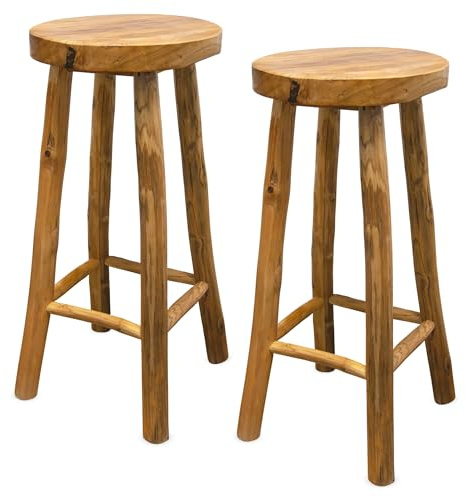 Spetebo Taburete de bar de madera de teca barnizada, 72 x 35 cm, soporta hasta 120 kg, juego de 2 unidades, madera maciza rústica, taburete de bar natural, taburete de bar, taburete, taburete, cocina