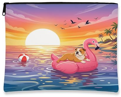 Funny Bulldog Dog Makeup Bag, Flamingos Lifebuoys Sea Cosmetic Travel Pouch for Women Girls, Pet Portable Small Canvas Zipper Organizer 7x9 Inch