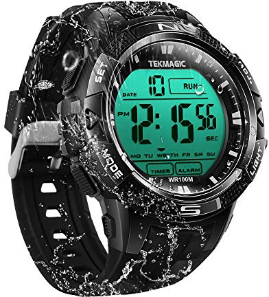 TEKMAGIC 10 ATM Digital Submersible Diving Watch 100m Water Resistant Swimming Sport Wristwatch Luminous LCD Screen with Stopwatch Alarm Function