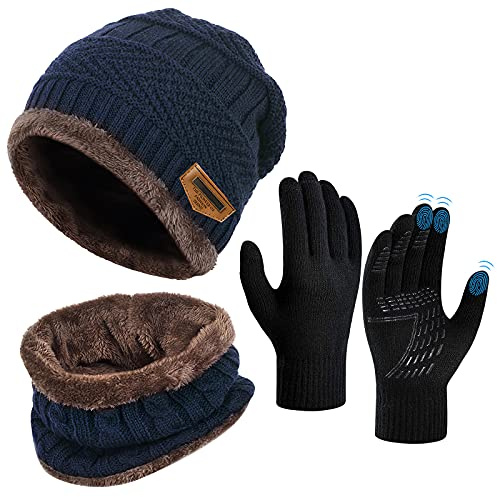 OOPOR Winter Hat Scarf Gloves Set - Thermal Warm Knitted Beanie Cap Circle Neck Warmer Touchscreen Glove Outdoor Sports Super Soft Fleece Inner Lining Stretchy Elastic Gift for Men Women Navy Blue
