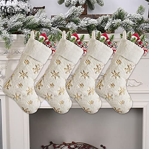 4 Stück Weihnachtsstrümpf für Kamin, Nikolausstrumpf, Weihnachtsbaum Groß Geschenktüte, Bonbontasche Stickerei Befüllen Schneeflocken Rentier, Weihnachtsdeko Amerikanisch Aufhängen Wand 46cm Gold - A