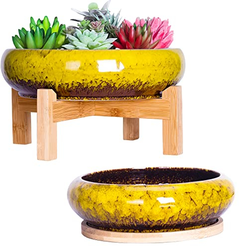ARTKETTY Blumentöpfe für den Innenbereich – 18,5/25 cm große Bonsai-Töpfe mit Tabletts, 2er-Set, Bunte Sukkulenten-Blumentöpfe, Keramiktöpfe für Kakteen, Garten, dekorativer Blumentopf