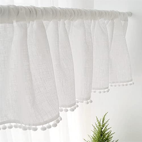 A.Monamour Short Curtain for Small Window Solid White Sheer Cotton Linen with Pompom Tassel Window Treatment Valance Window Panel Drapes Half Curtain for Kitchen Café Bedroom Cabinet Curtain