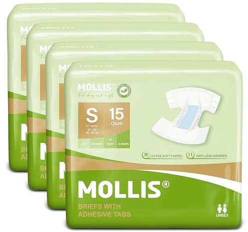MOLLIS Adult Nappies for Women & Men, Unisex Diapers with Tabs, Disposable Incontinence Slip, Maximum Absorbency, Small, 60 Count (4 Packs of 15)