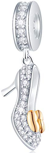 Zapato de Tacón Alto Brillante Colgante CZ Charms Con lazo dorado, Plata esterlina 925 Mujer Stiletto granos fit Pandora Pulsera Collar, Regalo para Navidad/Novia/Madrina