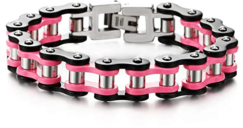 COOLSTEELANDBEYOND Mujer Primera Calidad Rosa Negro Cadena Bici Pulsera, Brazalete de Acero, Bike Chain, Cierre de Hebilla, Pulido