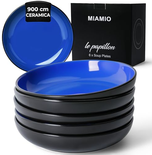 MIAMIO – Juego de 6 platos hondos de 900 ml / 22 cm para pasta/ensalada, cuencos de pasta anchos y poco profundos, plato hondo grande de cerámica - Colección Le Papillon (Azul)