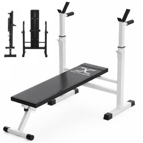 MAXSTRENGTH Adjustable Weight Bench with Barbell Rack – Foldable Multi-Function Bench Press Station for Home Gym, Strength Training, Weightlifting & Full Body Workouts (White/Black)