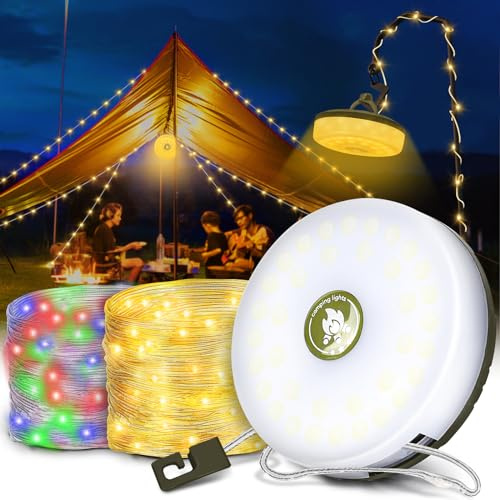 IEEILULU 2 en 1 Cadena de Luces para Camping, 10M Cadena de Luces para Exteriores, Luces Cámping USB Recargable 8 Modos, Lámpara de Camping Impermeable para Fiestas, Camping y Decoración de Viajes