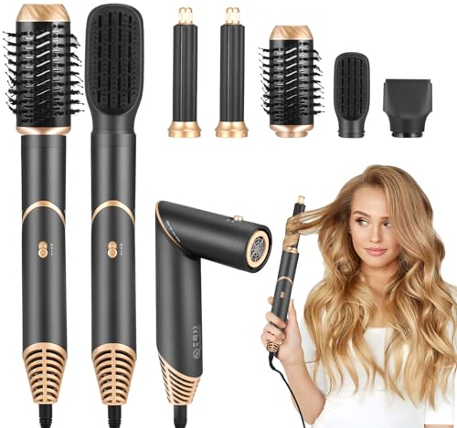 5 in 1 Air Styler,1000W Haartrockner Warmluftbürste Set Klappbar mit 5 Aufsätze zum Trocknen, Glätten, Volumen und Stylen, Hair Styler Set Curler Richtkamm Lockenstab für Salon Hairstyling
