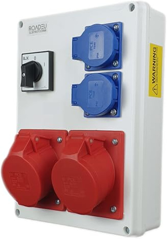 RoadEu - Caja de Distribución Eléctrica 16A con interruptor principal 0-1. 2 enchufes CEE 16A con Schuko de 230V. Cuadro electrico superficie IP44. Tomas múltiples industriales para obras