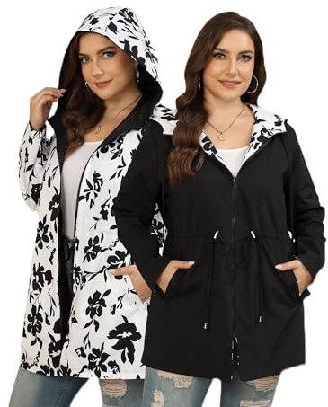 Toplop Chaqueta impermeable para mujer, tallas grandes, reversible, impermeable, ligera, cortavientos, chaqueta de lluvia con capucha, para deporte, al aire libre, Negro , 56 Grande
