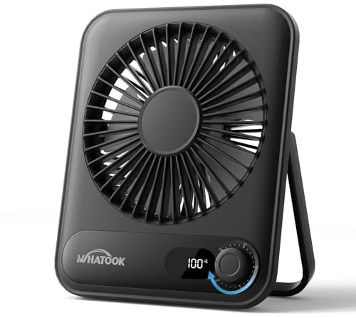 WHATOOK USB Ventilator Leiser: Stufenlos 1-100 Regler, 2000mAh Akku Tischventilator mit LED-Anzeige, Tragbarer Mini Ventilator für Tisch Schreibtisch Büro Zuhause Schlafzimmer(Schwarz)