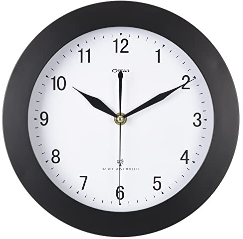 OSTAR Horloge murale radio-pilotée silencieuse - 25 cm - Ronde - Fonctionnement à piles - Pour cuisine, salon, salle de bain - Noir