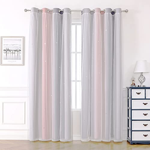 KAHEAUM Tende per camera da letto per bambini, 2 pezzi, tenda oscurante termica con doppio strato, decorazione per soggiorno, casa, finestra, motivo stelle con occhielli, L132 su 213 cm, rosa grigio