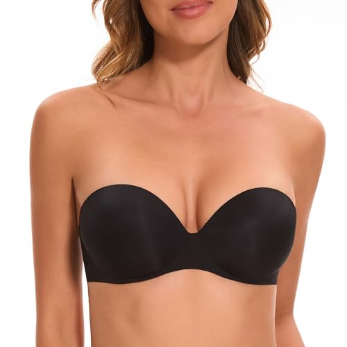 Women's Strapless Bra Push Up-Non Slip Invisible Padded Balconette Underwire Low Back Multiway Bandeau Bra for Comfort Lift(Black, 32DDD)