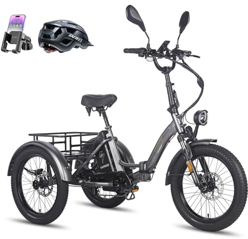 Fafrees Triciclo elettrico F20 Mate, Fatbike Pieghevole da 20 x 3,0, 3 Ruote, Batteria da 48 V/21 Ah, Triciclo Elettrico da Carico per Adulti e Anziani, Autonomia 65-115 KM (Grigio)