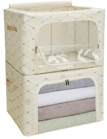 Cozary Cajas Almacenaje Ropa con Marco de Metal 2 Piezas 66L,Organizador Armario Apilable, Bolsas Almacenaje Ropa con Asa Reforzada y Ventanas Transparentes Adecuado, Para Edredones, Colchas