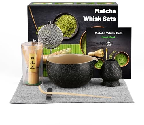 Matcha Besen Set, 7-Teiliges Matcha Set, Matcha Besen, Matcha Schale, Schaufel, Sieb, Matcha-Besenhalter, Teetuch aus Baumwolle (Chakin), Geschenk für Zuhause und Büro -Schwarz