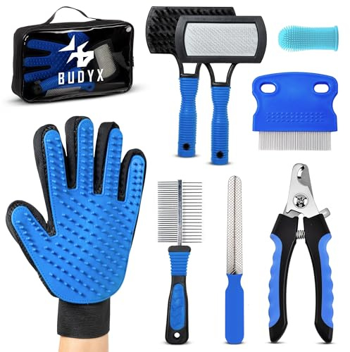 BUDYX. Kit de Maletín de cuidado para Mascotas: Peines, Cepillos, Guante, Cortauñas, lima, cepillo dientes. Set de Aseo e Higiene para Perros y Gatos. Todo para tu compañero Peludo