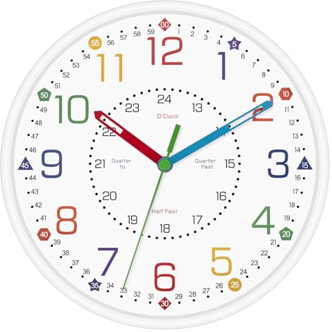 Foxtop 8 Inch Learning Wall Clock - Silent Non-Ticking Educational Teaching Clock for Classroom & Bedroom - Colorful Analog Time Telling Clock for Toddlers, Preschool & Homeschool