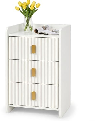 ESTUWD Bedside Table with 3 Drawers - Modern Nightstand - Bedside Cabinet Wooden Fluted Easy to Assemble - Bed Side Table for Bedroom Living Room Small Spaces - 33 * 30 * 55 cm ((1, White)