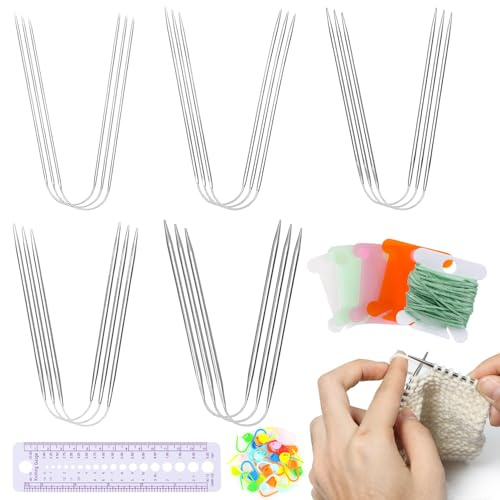 Fzyisw 15 stycken rundstickor set, runda stickor för strumpor, sticknålar rund sticknål 2/2,5/3/3,5/4 mm, strumpsticknålar med 30 maskmarkörer, sticklinjal, för mössor halsdukar hattar ärmar