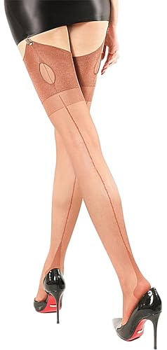Luxallacki Vintage Keyhole Back Seam Hold-up Stockings, Cuban Heel Sheer Thigh-Highs for Retro Glamour (Brown,Medium)