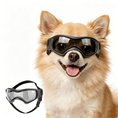 Enjoying Gafas de sol para perros de raza pequeña, protección UV, protección ocular para perros pequeños, resistente al viento, a prueba de polvo, antivaho, transpirables, correas ajustables, color