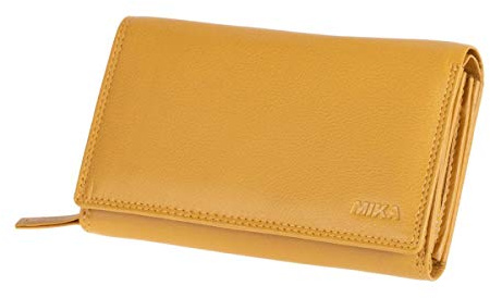 MIKA 42168 - Damengeldbörse aus Echt Leder, Portemonnaie im Querformat, Geldbeutel mit 12 + 4 Kartenfächer, Netzfach, Scheinfach und doppeltes Münzfach, Brieftasche in gelb, ca. 15 x 10,5 x 4,5 cm